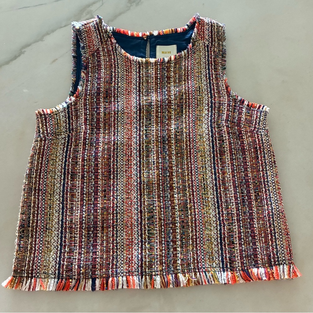ANTHROPOLOGY : MAEVE Textured Tweed Sleeveless Top | Fringe Hem | Size 10